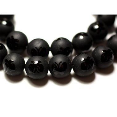 Fil 39cm 47pc env - Perles de Pierre - Onyx noir Mat givré Papillons brillants Boules 8mm 