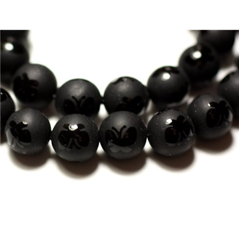 Fil 39cm 47pc env - Perles de Pierre - Onyx noir Mat givré Papillons brillants Boules 8mm