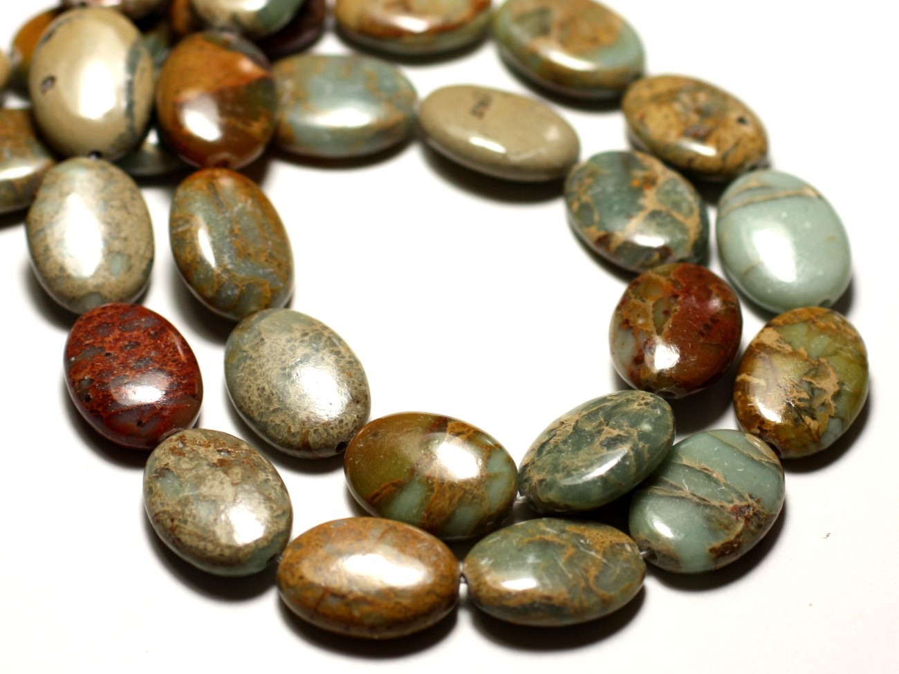 Fil 39cm 21pc env - Perles de Pierre - Jaspe Aqua Terra Sédiment Ovales 18x13mm 