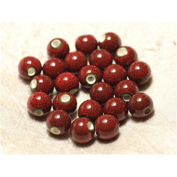 100pc - Perles Céramique Porcelaine Boules 10mm Rouge foncé tacheté 