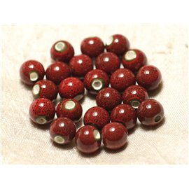 100pc - Perles Céramique Porcelaine Boules 10mm Rouge foncé tacheté 