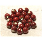 100pc - Perles Céramique Porcelaine Boules 10mm Rouge foncé tacheté 