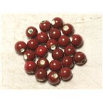 100pc - Perles Céramique Porcelaine Boules 10mm Rouge foncé tacheté 