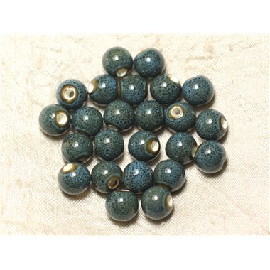 100pc - Perles Céramique Porcelaine Boules 10mm Bleu Turquoise tacheté 