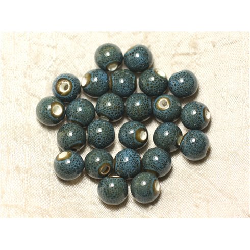 100pc - Perles Céramique Porcelaine Boules 10mm Bleu Turquoise tacheté
