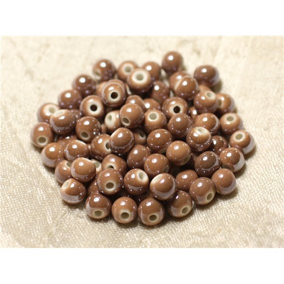 100pc - Perles Céramique Porcelaine Boules 6mm Marron Beige irisé 