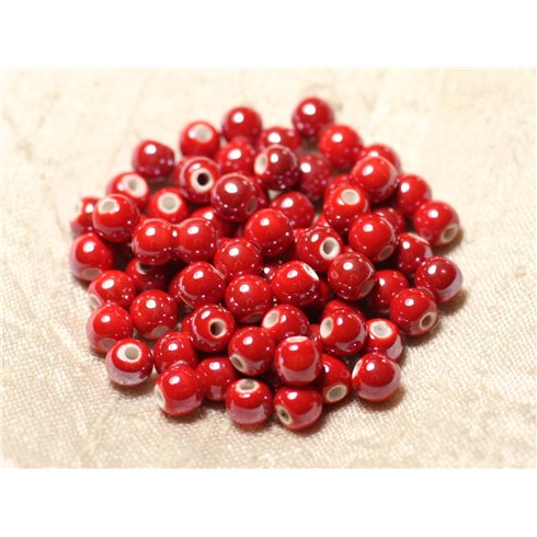 100pc - Perles Céramique Porcelaine Boules 6mm Rouge vif irisé 