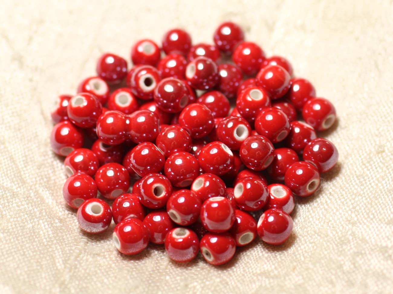 100pc - Perles Céramique Porcelaine Boules 6mm Rouge vif irisé 