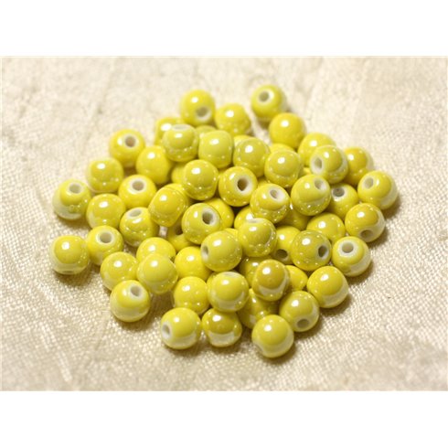 100pc - Perles Céramique Porcelaine Boules 6mm Jaune irisé 