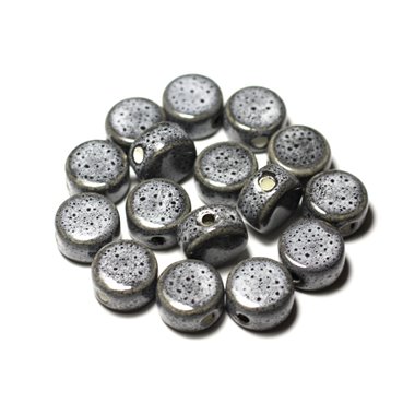 100pc - Perles Céramique Porcelaine Palets 15mm Gris Noir tacheté 