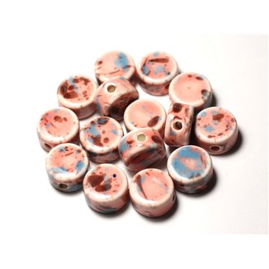 100pc - Perles Céramique Porcelaine Palets 15mm Rose Bleu Pastel Marron 