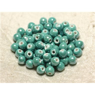 100pc - Perles Céramique Porcelaine Boules 6mm Vert Turquoise irisé 