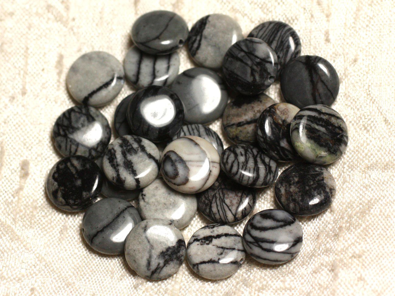 Fil 39cm 31pc env - Perles de Pierre - Jaspe Zèbre Palets 12mm 