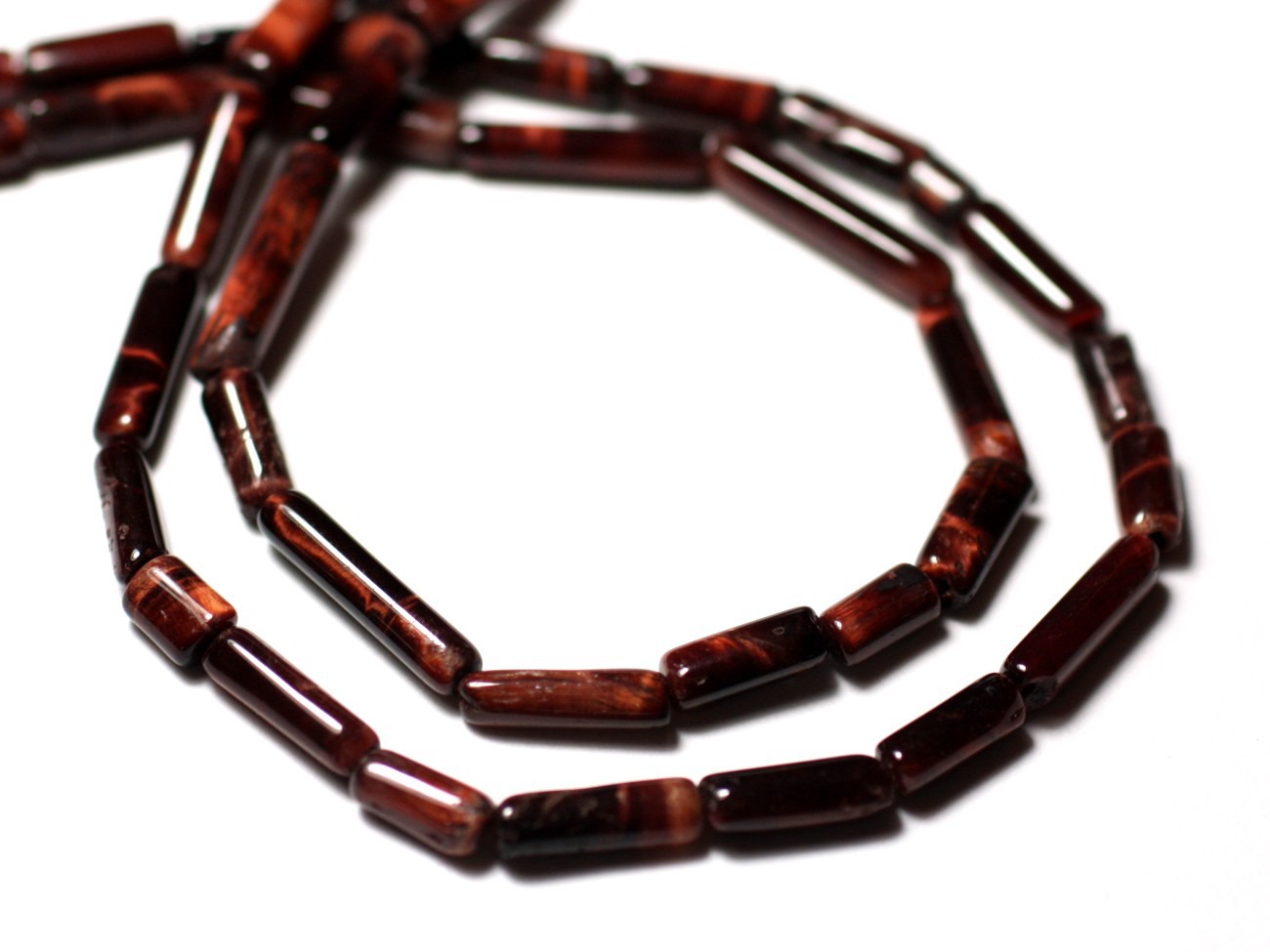 Fil 32cm 28pc env - Perles de Pierre - Oeil de Taureau Tigre Rouge Tubes 5-14mm - 8741140013230 