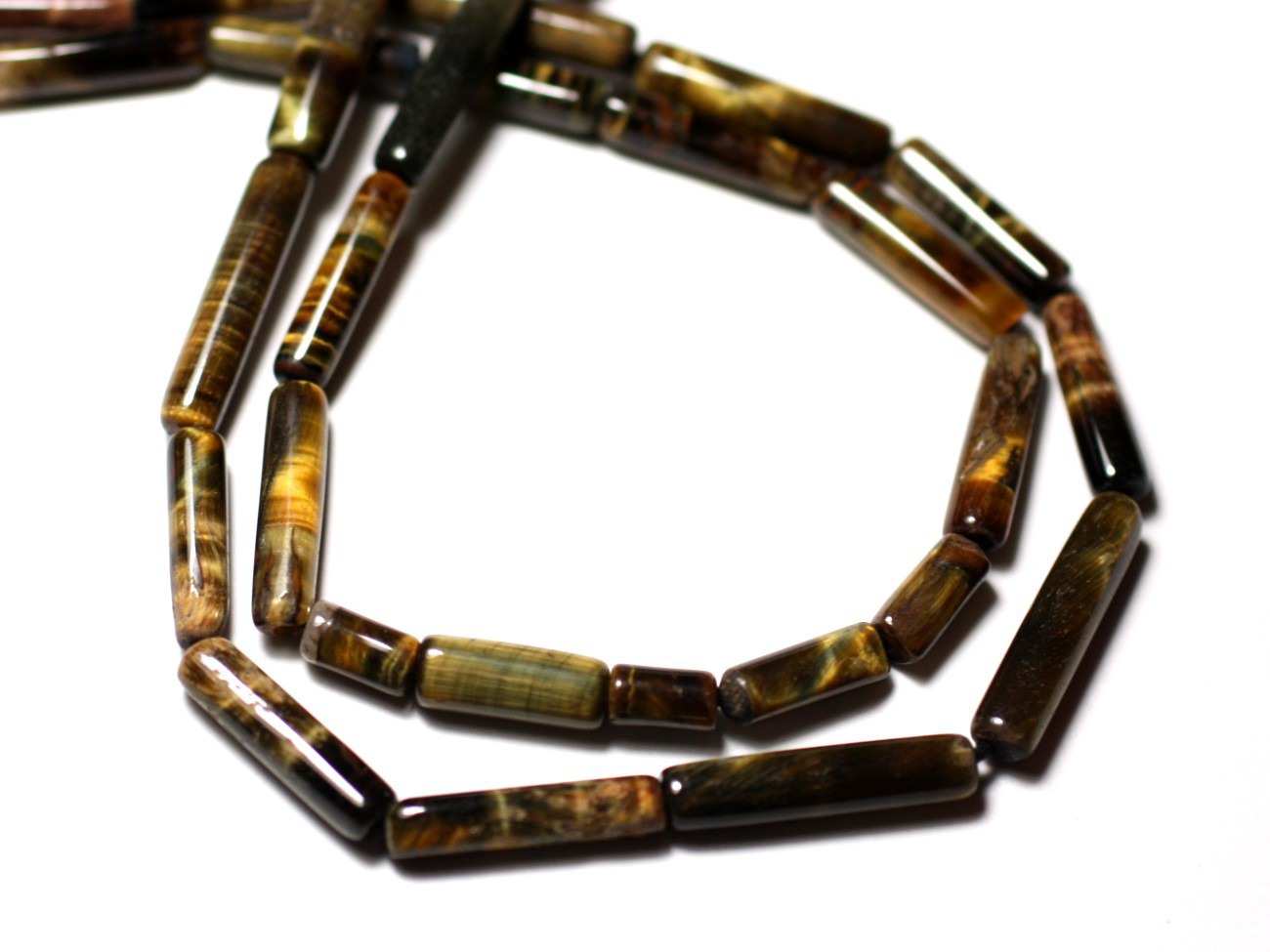 Fil 34cm 34pc env - Perles de Pierre - Oeil de Tigre et Faucon Tubes 5-13mm - 8741140013247 