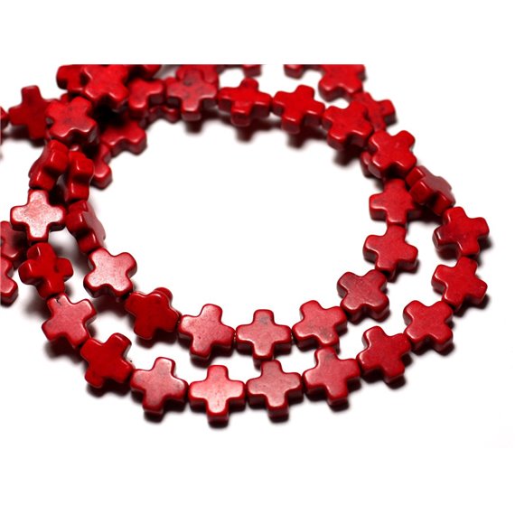 Fil 39cm 49pc env - Perles Pierre Turquoise Synthese Croix 8mm Rouge