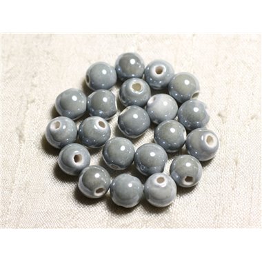 100pc - Perles Céramique Porcelaine irisées Rondes 8mm Gris clair perle 