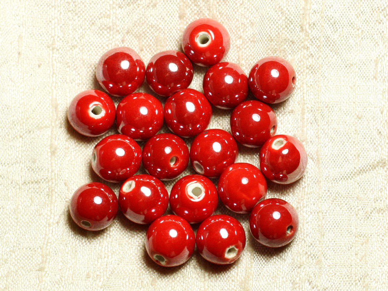 100pc - Perles Céramique Porcelaine Rondes 12mm Rouge vif irisé 