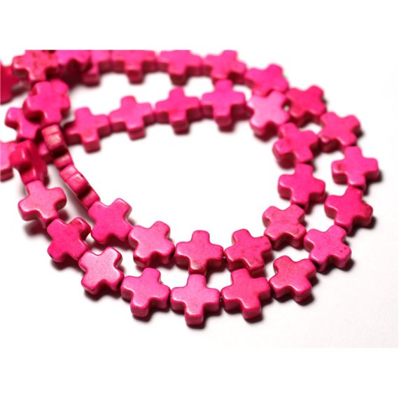 Fil 39cm 49pc env - Perles de Pierre Turquoise Synthèse Croix 8mm Rose Fluo 