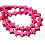 Fil 39cm 49pc env - Perles de Pierre Turquoise Synthèse Croix 8mm Rose Fluo 