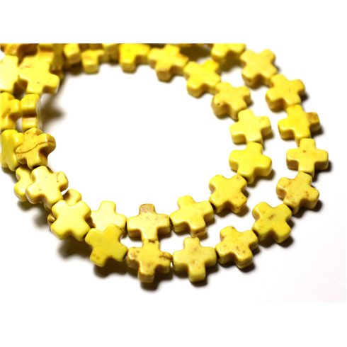 Fil 39cm 49pc env - Perles de Pierre Turquoise Synthèse Croix 8mm Jaune 