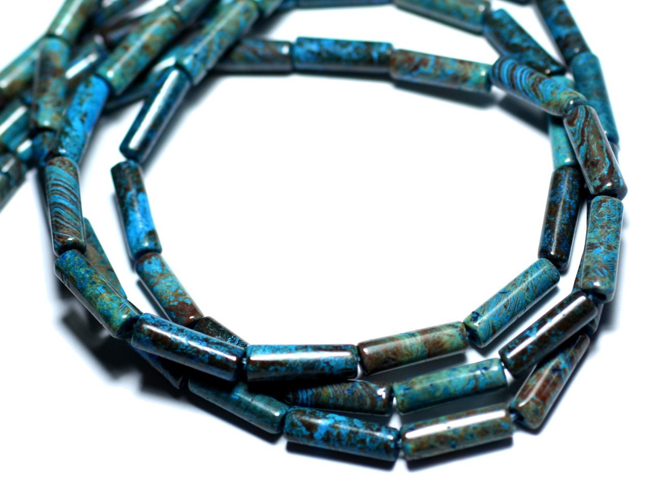 Fil 39cm 28pc env - Perles de Pierre - Jaspe Paysage Automne Bleu Turquoise Tubes 13x4mm 