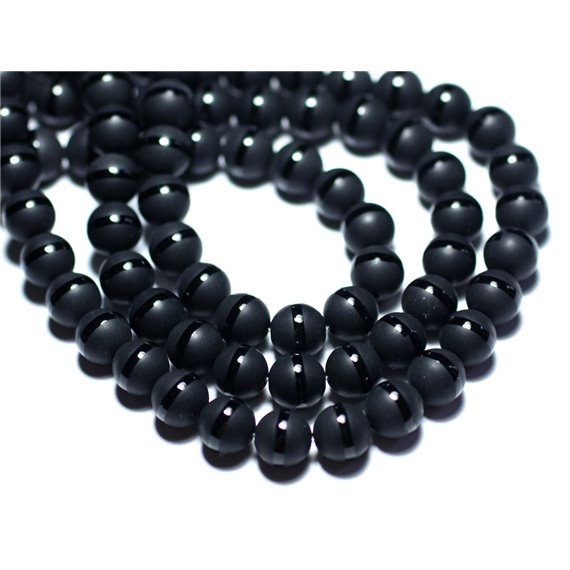 Fil 39cm 48pc env - Perles de Pierre - Onyx noir Mat givré Ligne Boules 8mm 