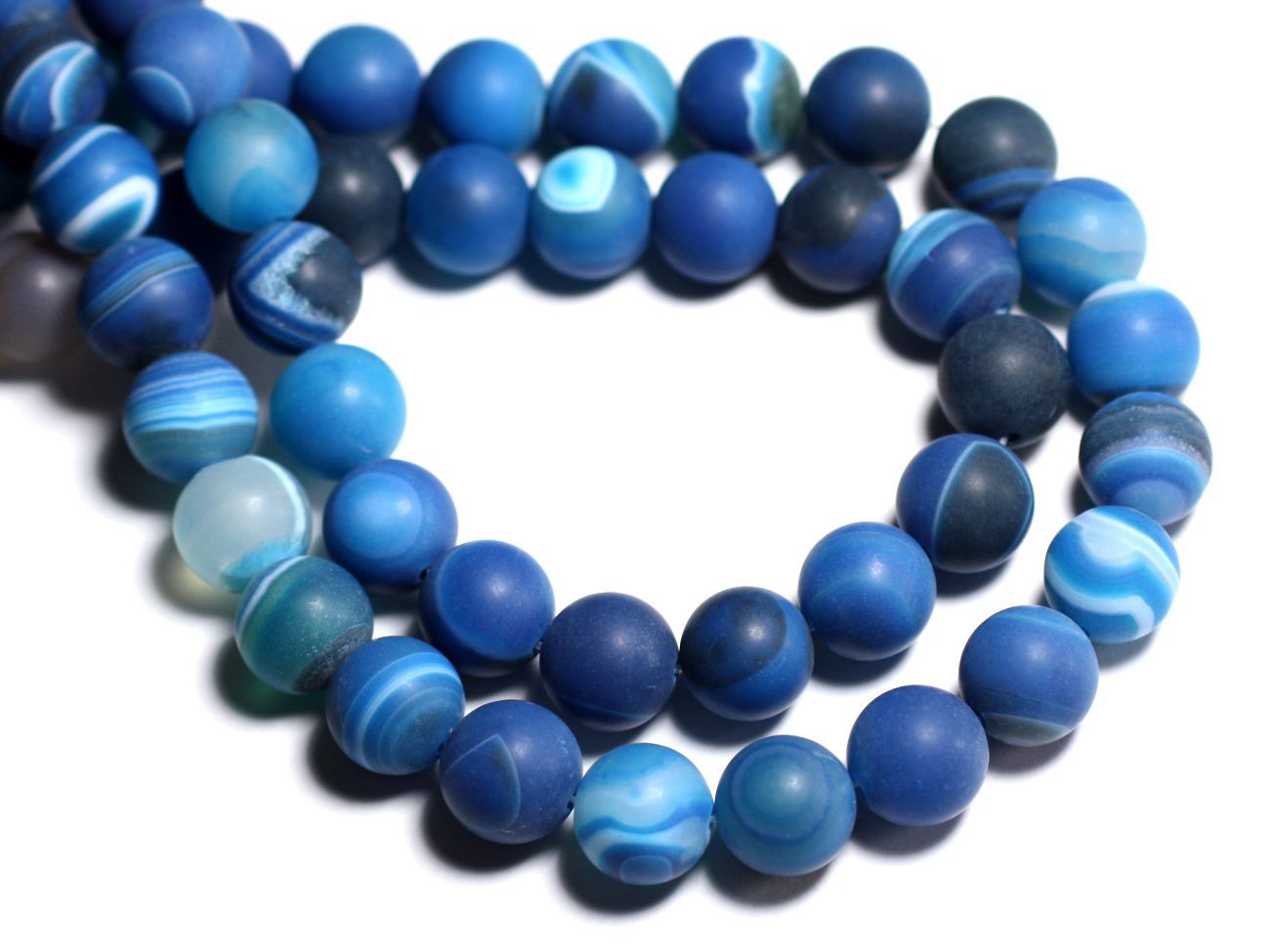 Fil 39cm 37pc env - Perles de Pierre - Agate bleue Boules 10mm mat givré 