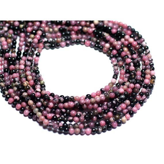 Fil 39cm 180pc env - Perles de Pierre - Rhodonite rose et noir Boules 2mm 