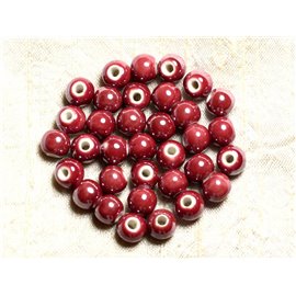 100pc - Cuentas de cerámica de porcelana iridiscente redondas de 8 mm rojo rosa frambuesa 