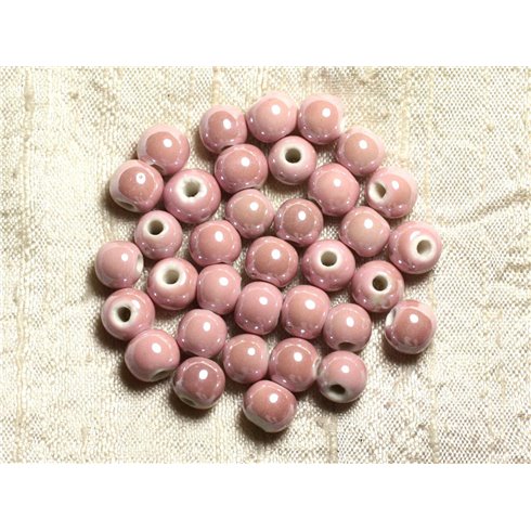 100pc - Perles Céramique Porcelaine irisées Rondes 8mm Rose clair Pastel 