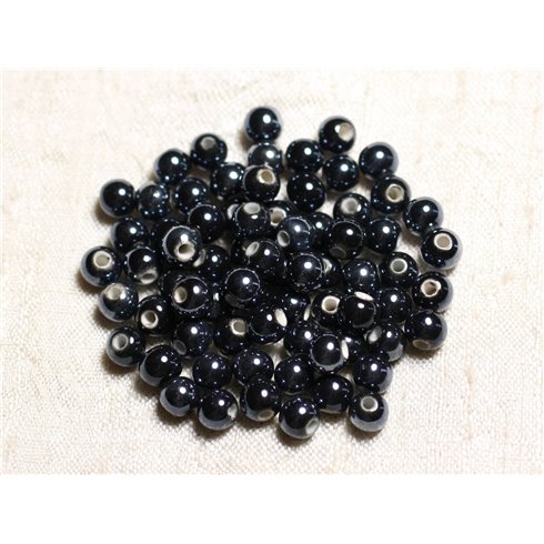 100pc - Perles Céramique Porcelaine Rondes 6mm Noir irisé 