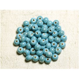 100pc - Ceramic Porcelain Beads Round 6mm Turquoise blue iridescent 