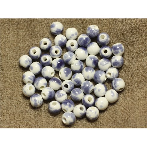 100pc - Perles Céramique Porcelaine Rondes 6mm Blanc et Bleu Lavande 