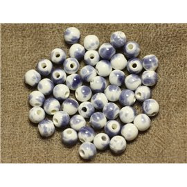 100pc - Cuentas de porcelana de cerámica redondas de 6 mm, blanco y azul lavanda 