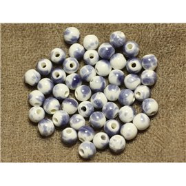 100pz - Perline in porcellana ceramica tonda 6 mm bianco e blu lavanda 