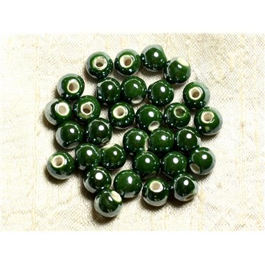 100pc - Perles Ceramique Porcelaine Boules 8mm Vert Olive Sapin Kaki irisé