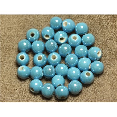 100pc - Perles Céramique Porcelaine irisées Rondes 8mm Bleu Turquoise 