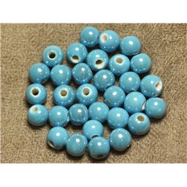100pc - Cuentas de cerámica de porcelana iridiscente redondas de 8 mm azul turquesa 