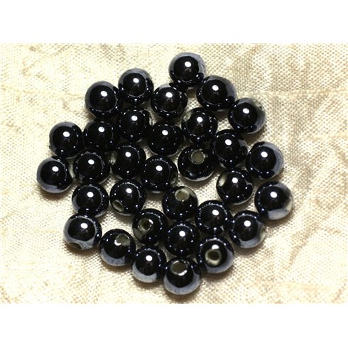 100pc - Perles Porcelaine Céramique Boules 8mm Noir bleu nuit irisé