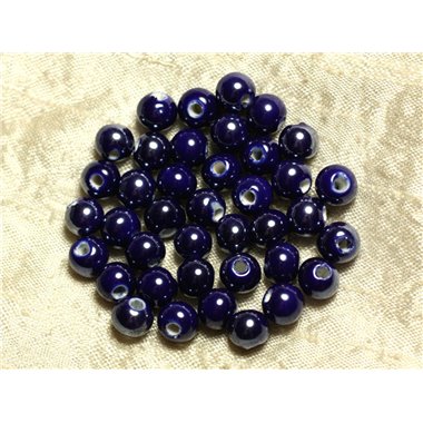 100pc - Perles Céramique Porcelaine irisées Rondes 8mm Bleu nuit 