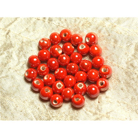 100pc - Perles Céramique Porcelaine irisées Rondes 8mm Orange 