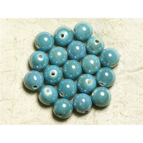 100pc - Perles Céramique Porcelaine Rondes irisées 12mm Bleu Turquoise 