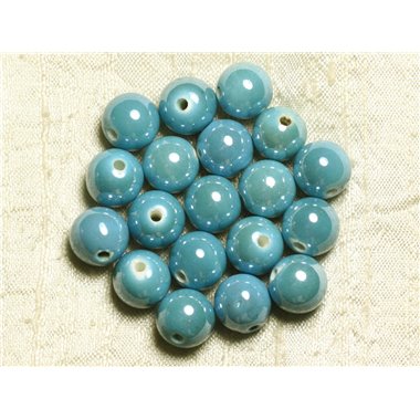 100pc - Perles Céramique Porcelaine Rondes irisées 12mm Bleu Turquoise 