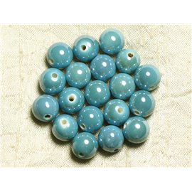 100pz - Perline in porcellana ceramica rotonda iridescente 12mm blu turchese 