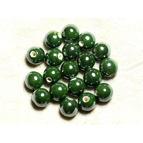 100pc - Perles Céramique Porcelaine Rondes irisées 12mm Vert Olive Empire 