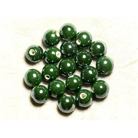 100pc - Ceramic Porcelain Beads Round Iridescent 12mm Olive Green Empire 