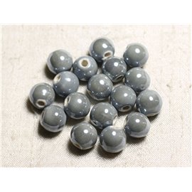 100pc - Cuentas de porcelana de cerámica redondas iridiscentes de 12 mm gris perla 