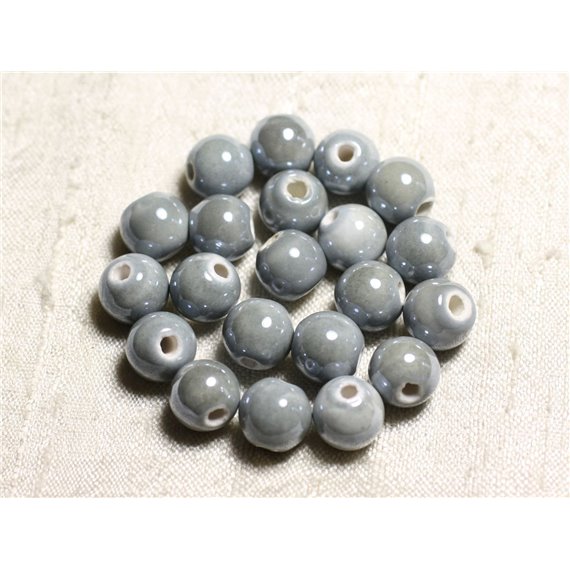 100pc - Perles Céramique Porcelaine Rondes irisées 10mm Gris Perle 