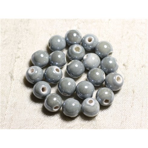 100pc - Perles Ceramique Porcelaine Boules 10mm Gris clair perle pastel